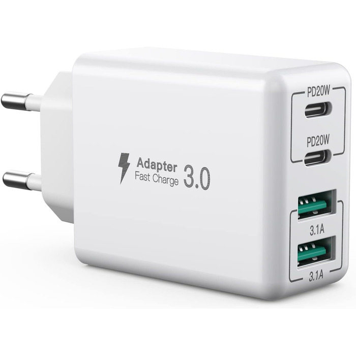 Блок зарядки USB C 40W з 4 портами: швидка зарядка PD+QC для iPhone, Samsung, Tablet (білий)