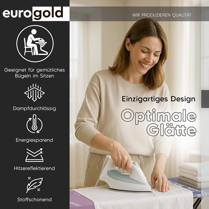 Прасувальна дошка EUROGOLD® Premium 120x42 см з турбопокриттям та полицею - стабільна, регульована по висоті, з бавовняним покриттям (рожева)