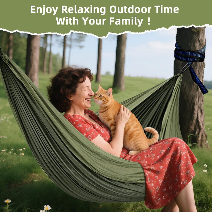 Гамак для відпочинку на природі та кемпінгу: міцний, ультралегкий, для одного або двох, 300 кг, 200 x 300 см, нейлон, зелений (хакі)