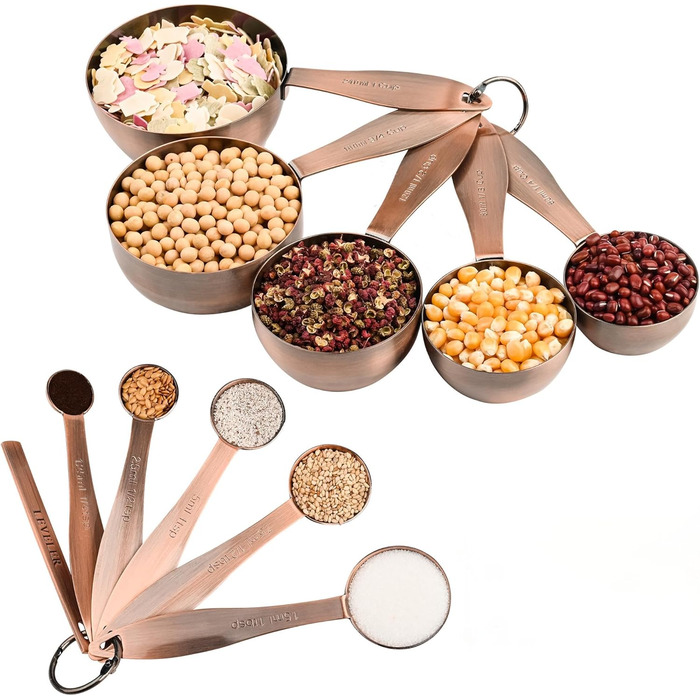 Copper-Plated Measuring Cup and Spoon Set, 5 Stainless Steel Measuring Cups and 5 Metal Measuring Spoon Set with Leveler, US and Metric Kitchen Measuring Cup and Spoon Set for Baking and Cooking