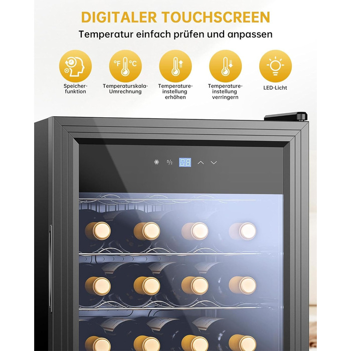 WIE 33 Liter Wine Fridge - 1 Zone Mini Wine Cooler with Glass Door & LED Touch Panel - Anti-UV Wine Storage for 28 Bottles