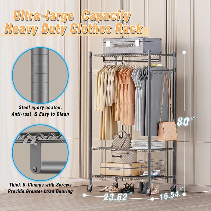 Double Clothes Rack/Garment Rod with Adjustable Shelves, Heavy-Duty Clothes Rack with 2 Hooks, Clothes Rack with Wheels, 90 * 42 * 205cm, White (Gray, 60*42*205cm)