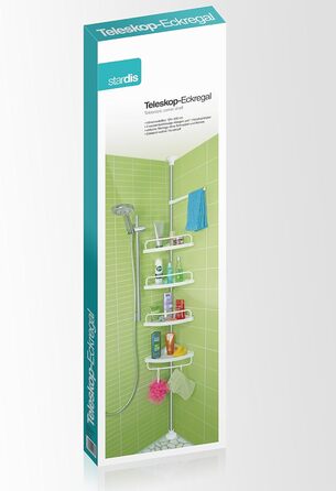 stardis Telescopic Corner Shelf, Stainless Steel, Rust-Proof with 4 Shelves, Shower Shelf, Telescopic Shelf for Shower, Bathroom, Shower Shelf, Height Adjustable from 120-300 cm, White