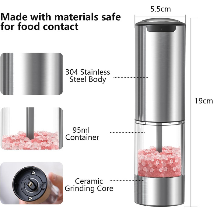 Rechargeable Electric Salt and Pepper Grinder Set with Base, Stainless Steel Spice Grinders with 95ml Transparent Container, White LED Light, and Adjustable Coarseness