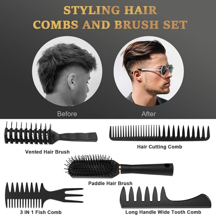 Набір для чоловічого стайлінгу DUAUIU: гребінець для волосся, щітка, текстурування, розчісування, укладання. Чорний колір.