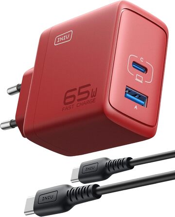 Зарядний пристрій INIU 65W USB-C + USB-A GaN, мережевий адаптер для MacBook, iPad, iPhone, Samsung Galaxy, Pixel - червоний