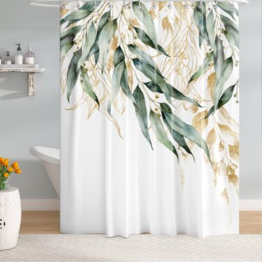 Штора для душу M&W DAS DESIGN з поліестеру, листя зелено-золоті, водонепроникна, з кільцями, 180x200 см