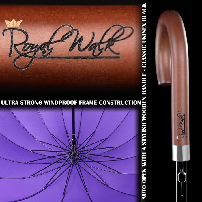 Royal Walk Automatic Travel Golf Umbrella - 54 inch / 140cm - Windproof, Waterproof, Large Size for 2 People - Classic Design, Wooden Handle, Unisex