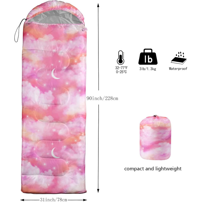 Сплячі мішки BailiPromise Pink Cloud - рожеві хмаринки, 3 сезони, для дорослих та дітей, водонепроникні, 31x90