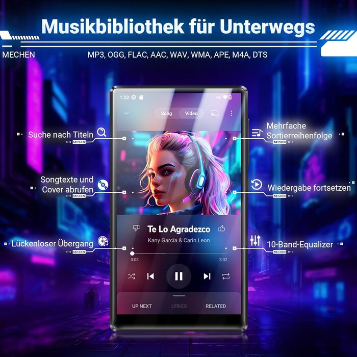 MP3 плеєр Mechen 256GB Bluetooth WiFi Android 13, 5.0