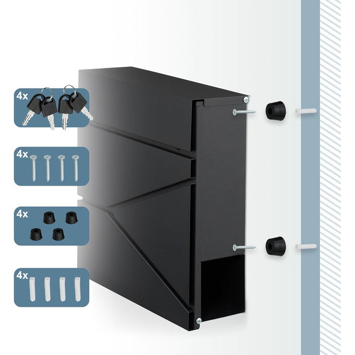 Поштовий ящик Relaxdays з газетницею, чорний, DIN C4, 37x37x11 см, вологостійкий, 4 ключі