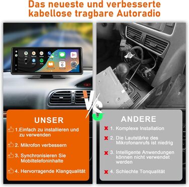 Автомобільний дисплей 10.26'' IPS, бездротовий CarPlay та Android Auto, сенсорний екран 1080P, портативний, підтримка Google і Siri Assistant, модель S5