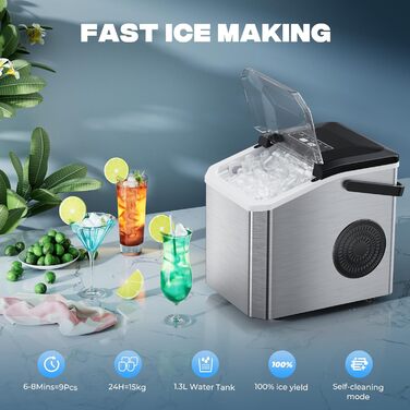 Машина для приготування льоду Klein, 130W, 15 кг/24 год, самоочищення, з лопаткою та кошиком, 2 розміри кубиків, для кухні
