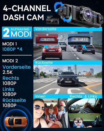 Автомобільний відеореєстратор IIWEY N5 4-канальний 360° 1080P (передній, задній, внутрішній, бічні камери) з нічним баченням, G-сенсором, режимом паркування, 5G Wi-Fi та SD-картою 128ГБ