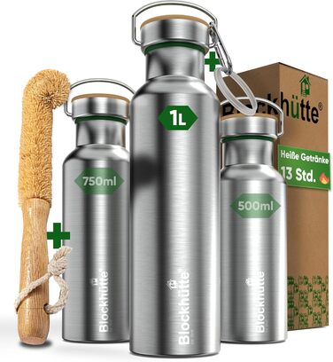 Blockhut Premium Stainless Steel Insulated Water Bottle | 1L | with Natural Bristle Brush | Insulated, Leak-Proof Bottle | Insulated Flask Dishwasher-Safe for University, Office | BPA Free