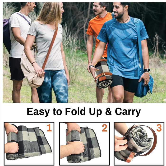 Переносний плед для пікніка 3-шаровий, м'який флісовий, водонепроникний, для пляжу, кемпінгу, сімейний, чорно-сірий в клітинку