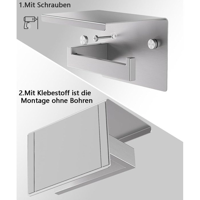 Тримач для туалетного паперу Aikzik без свердління, stainless steel, з 2 клейкими гачками, для ванної кімнати, чорний/сріблястий