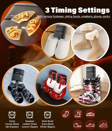 Snowpea Shoe Dryer with Heat Blower, Ski Shoe Dryer with Heater, Foot Warmer, Snowshoe Dryer, Sneaker Dryer for Shoes, Hats, and Ski Shoes with 3/6/9 Hour Timer