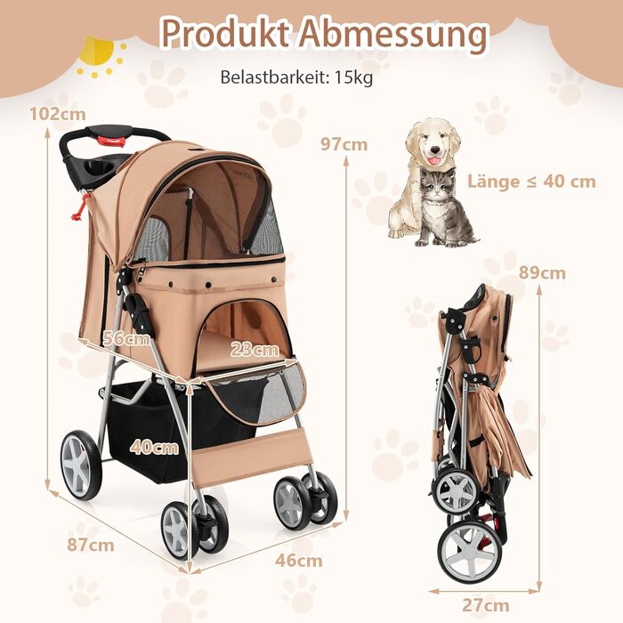 Візок для собак SOARS, до 15 кг, складаний, з сітковими віконцями, тримачем для напоїв та кошиком для зберігання, візок для домашніх тварин для маленьких тварин (Бежевий)