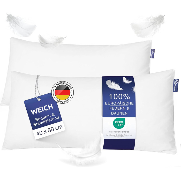 Clemens Soft 2-Piece Down Pillow Set 40x80 cm (500g) - Pillows made of European Down 30% and Feathers 70%, Feather Pillow Combination Set - Soft Down Pillow Set for Back and Stomach Sleepers Soft SET 40 x 80 cm