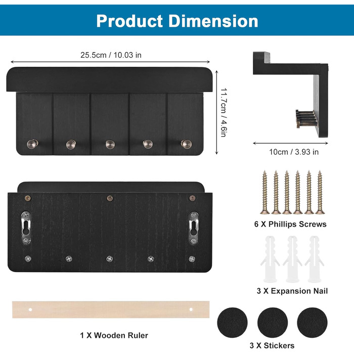 Дерев'яне ключниця з полицею, настінна | 5 гачків | для прихожей, кухні, спальні (чорний)