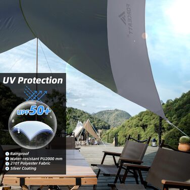 Тент Forceatt Zeltplane 3.7x4.3 м: ультралегкий, водонепроникний, з 6 точками кріплення, анти-UV. Підходить для кемпінгу, піших прогулянок та активного відпочинку на природі. Темно-синій & сірий колір.