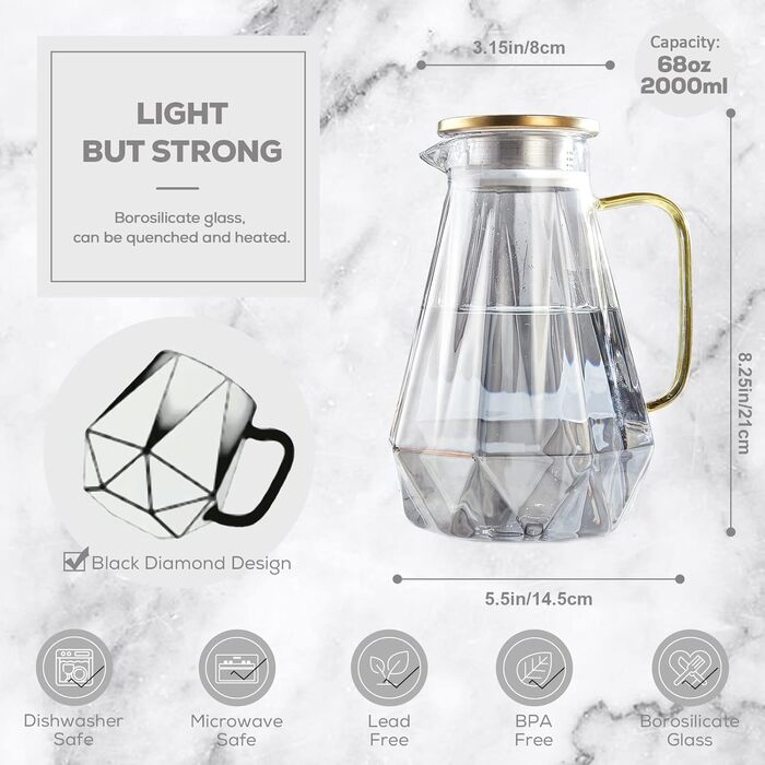 DUJUST Black Glass Carafe with Lid 2 Liter, Water Carafe in Modern Diamond Design, Glass Pitcher with Handle for Fruit Infusion, Durable Heat-Resistant Water Pitcher for Iced Tea/Milk/Coffee