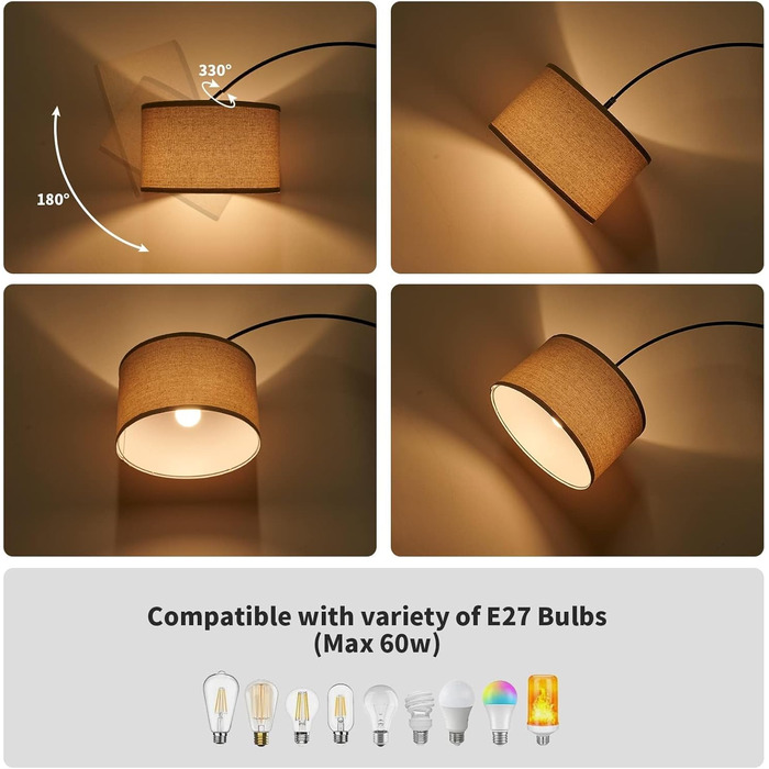 Торшер для вітальні JASMIN I з LED E27, тканинний абажур 33 см, вимикач на нозі, вінтажний стиль, підходить для спальні, готелю