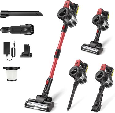 Бездротовий акумуляторний пилосос з антизаплутувальною насадкою, фільтрація 99,999%, для автомобіля та будь-яких поверхонь (червоний, незнімний акумулятор)