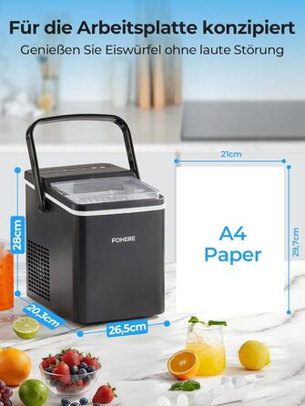 Машина для приготування льоду FOHERE з ручкою, 14 кг/24 год, 9 кубиків льоду за 5 хвилин, 2 розміри, самоочищення, портативна з лопаткою та кошиком – ідеальна для дому, кухні, офісу, кемпінгу, вечірки, RV