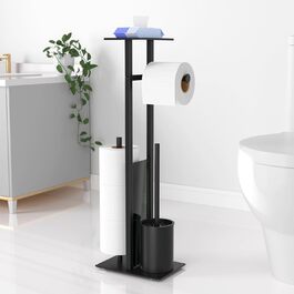 Stainless Steel Toilet Paper Holder with Brush and Wipes Box - Standing Toilet Paper Dispenser with WC Brush and Cover - Black Finish