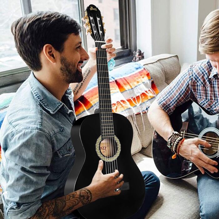 Класична гітара Winzz 4/4 для дорослих та дітей (від 11 років), набір для початківців - Чорний глянцевий (39 дюймів)