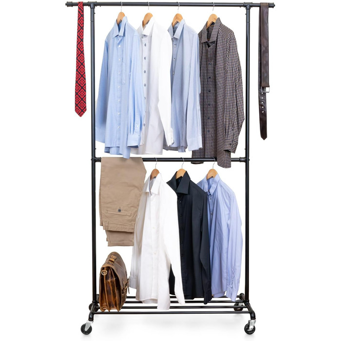 Tatkraft Drago - Stable Clothes Rack, with 2 Clothes Rods, up to 110 kg, Coat Rack, Adjustable, Rolling Clothes Rack, Metal, Black