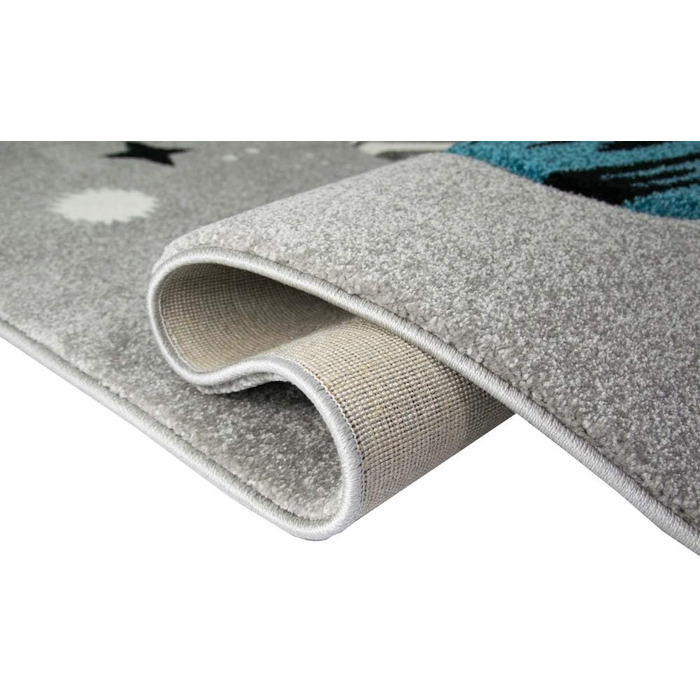 Merino Kids Space Learning Rug with Spaceship, Stars, and Planets in Gray, Size 200 x 290 cm