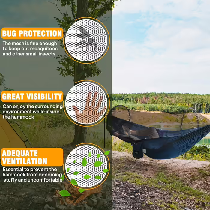 Ультралегка туристична гамак NATUREFUN з москітною сіткою, нейлон парашутний, до 300 кг, дихаючий, швидковисихаючий, 2 карабіни, 2 стропи, синій