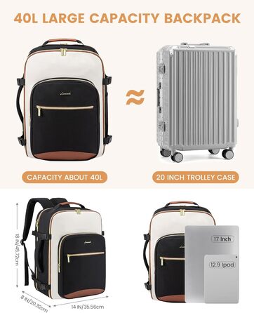 Рюкзак LOVEVOOK для ручної поклажі літака, 40L, водонепроникний, для ноутбука 17 дюймів, для подорожей, школи, роботи, кемпінгу, чоловічий/жіночий, бежевий+чорний+коричневий