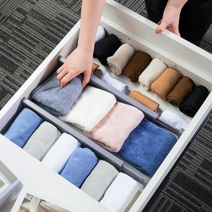 Utoplike Bamboo Adjustable Drawer Divider (4-pack), Large Drawer Organizers with Spring-Loaded for Clothes, Cutlery, Utensils in Kitchen, Bathroom, Bedroom, Baby Drawer, (Gray, Small)