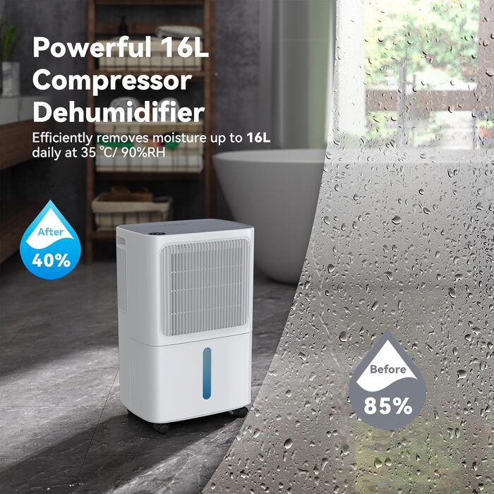 Електричний осушувач повітря Leenon 16L - тихий осушувач для підвалу, квартири, ванної кімнати, сушіння білизни, з таймером, авто-restart, 35м²