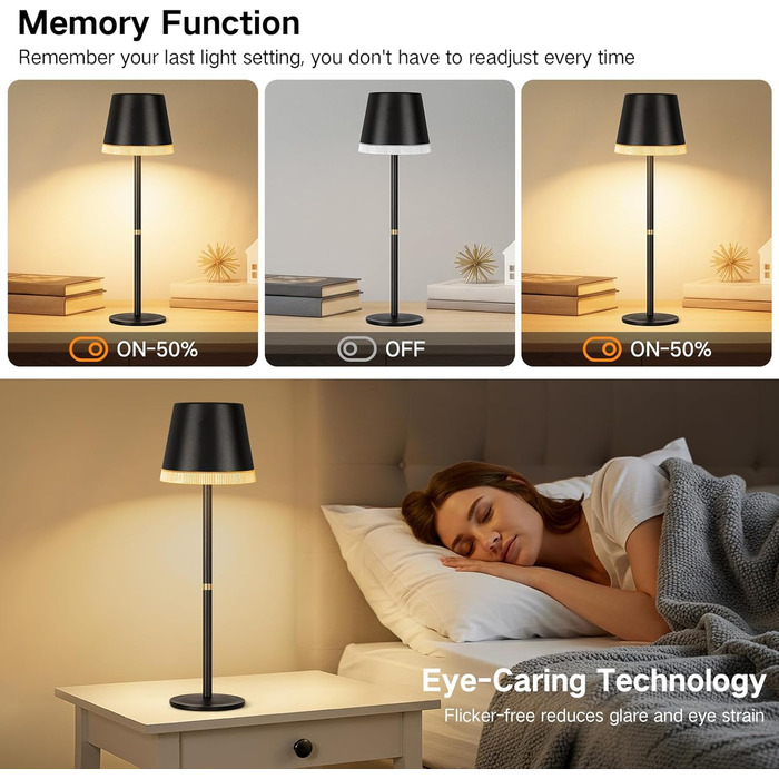 Світлодіодний настільний світильник OUTON з акумулятором, USB-C, 4000mAh, 3 режими освітлення, димування, сенсорне управління, чорний (2 шт)