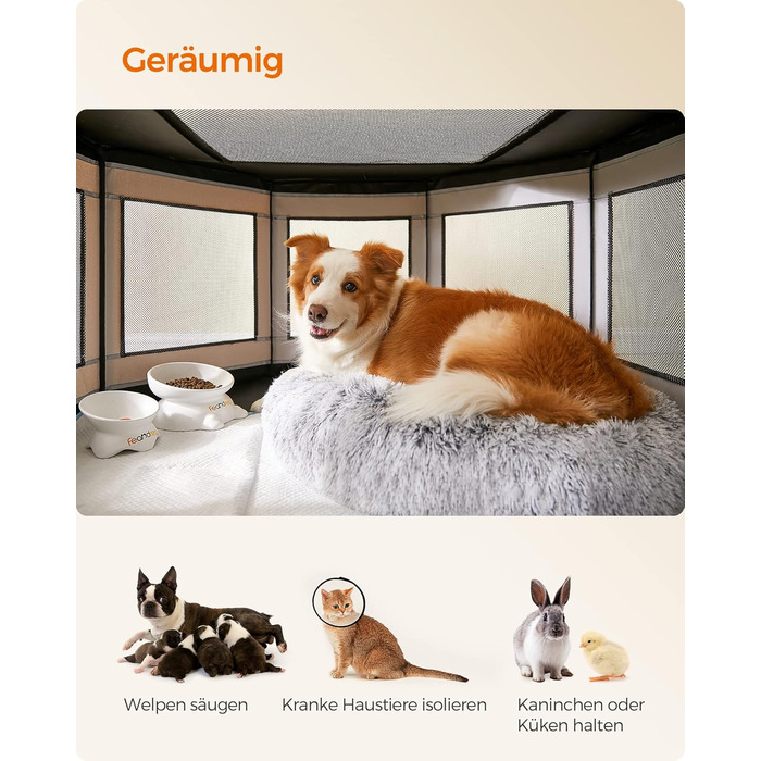 Клітка для цуценят Feandrea Oxford, восьмикутна, велика, 112 x 112 x 76 см, з PVC-каркасом, дихаюча сітка, з кишенею, сіро-сіра, PDC006G01