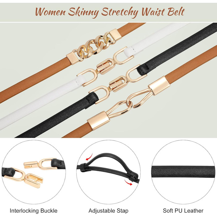 Жіночий тонкий шкіряний ремінь WHIPPY (2 шт.) з золотою пряжкою, 105/120 см, для талії до 95/110 см (чорний+білий)