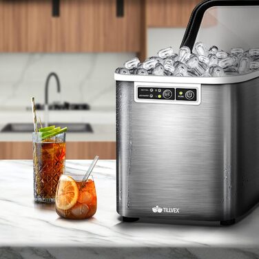 Tillvex Stainless Steel Ice Maker - 12kg Capacity, 24-Hour Production | 2.2L Water Tank, LED Display, Self-Cleaning Function | 2 Ice Cube Sizes