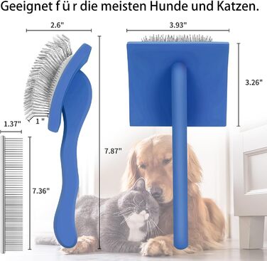 Гребінець для собак та котів Slicker з дерев'яною ручкою та довгими шпильками з нержавіючої сталі – видаляє підшерсток, ковтуни та вузли – з гребенем для догляду – для Голден Ретрівірів та Мейн Кунів – великий (синій)