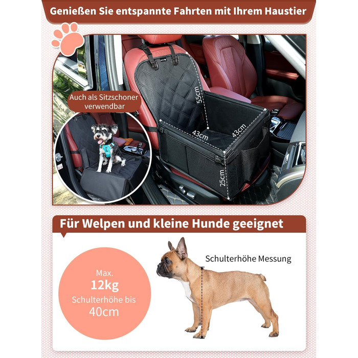 Автокрісло для собак KYG - стабільне, водовідштовхувальне, неслизьке та стійке до подряпин, для маленьких собак, для переднього та заднього сидіння (Чорний) 6696