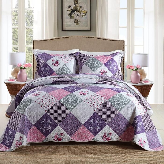 Qucover Комплект ковдри та покривала на двоспальне ліжко 220x240 см/230x250 см, стеганий, квітковий принт, фіолетовий