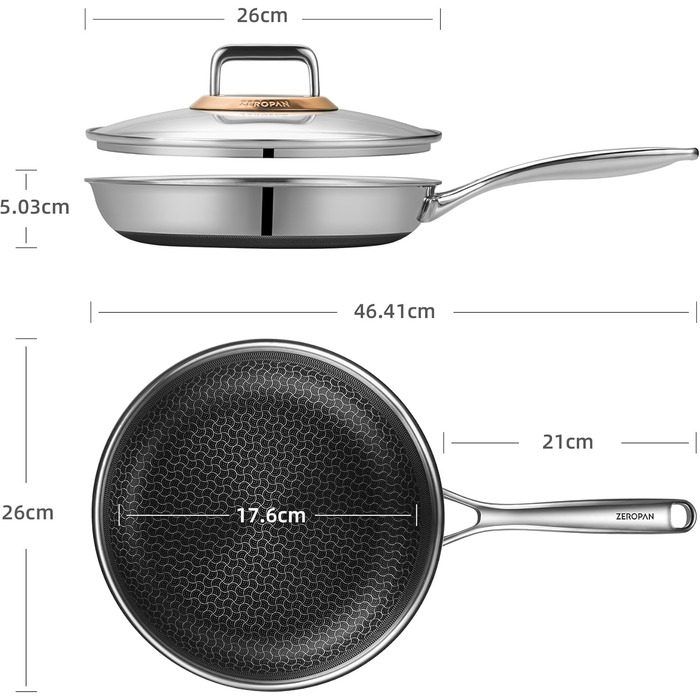 Сковорода з кришкою 26 см, антипригарне покриття Hybrid, холодна ручка, безпечна для миття в посудомийній машині, без PFAS, PFOA та PTFE, можна використовувати в духовці до 260 °C, сумісна з усіма типами плит WQ