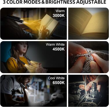 Ліхтарик на шию LED для читання, гнучкий, з USB зарядкою, 3 кольори світла, захист очей для дорослих та дітей, чорний