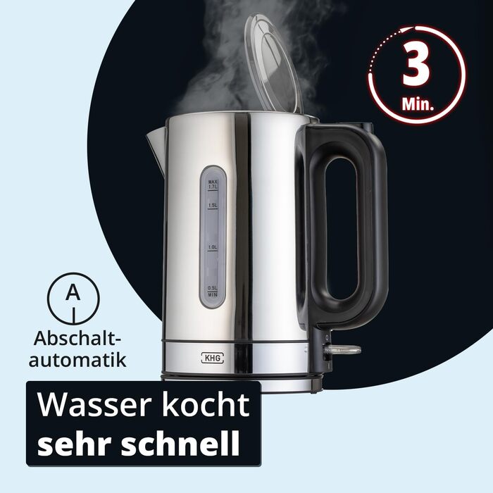 Електричний чайник KHG WK-1702 ES з нержавіючої сталі, 1,7 л, фільтр від накипу, індикатор рівня води, відкривання кнопкою, захист від сухого кипіння, автоматичне відключення, прихований нагрівальний елемент, BPA-free, 2200 Вт