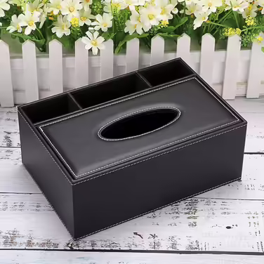 BSTKEY PU Leather Household Office Rectangular Tissue Box with Remote Storage Box - Elegant and stylish tissue holder for home desk storage box, Black