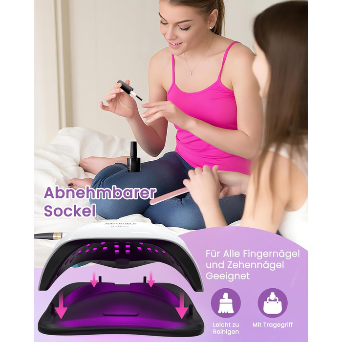 LED UV лампа для нігтів NAILGIRLS 150W з таймером, автосенсором та LCD дисплеєм. Підходить для гелевих нігтів пальців та ніг. Знімний магнітний майданчик.